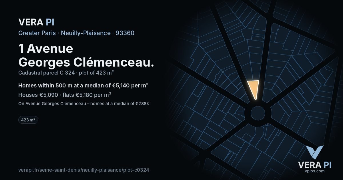 1 Avenue Georges Clémenceau, Neuilly-Plaisance at night – the plot lit, the parcels around coloured by the prices near them