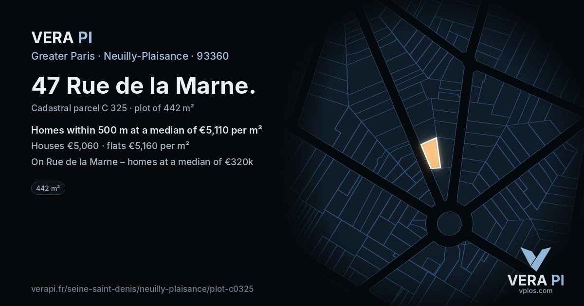 47 Rue de la Marne, Neuilly-Plaisance at night – the plot lit, the parcels around coloured by the prices near them