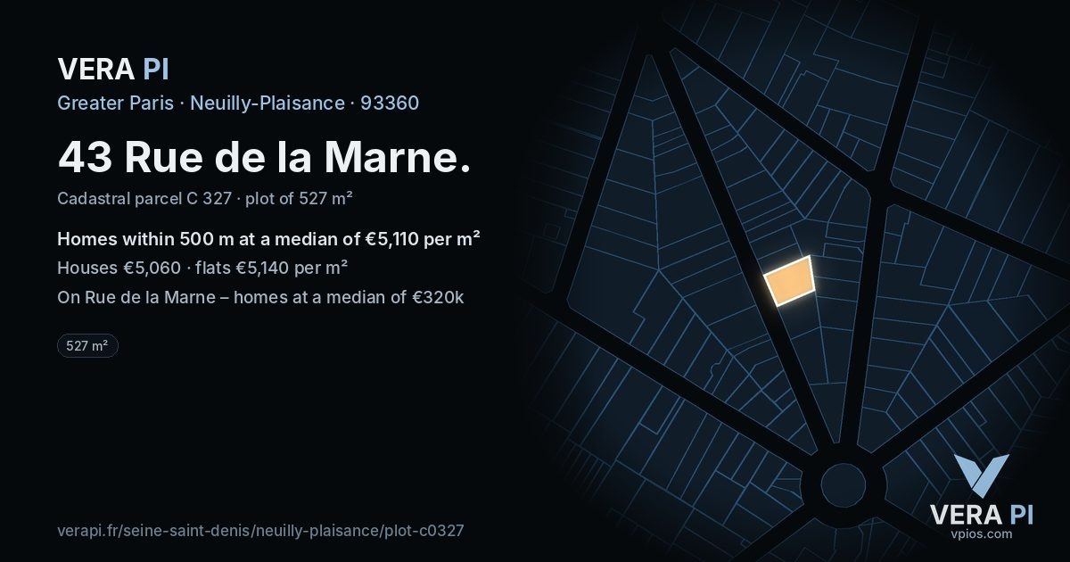 43 Rue de la Marne, Neuilly-Plaisance at night – the plot lit, the parcels around coloured by the prices near them