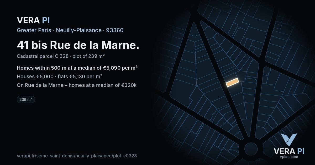 41 bis Rue de la Marne, Neuilly-Plaisance at night – the plot lit, the parcels around coloured by the prices near them