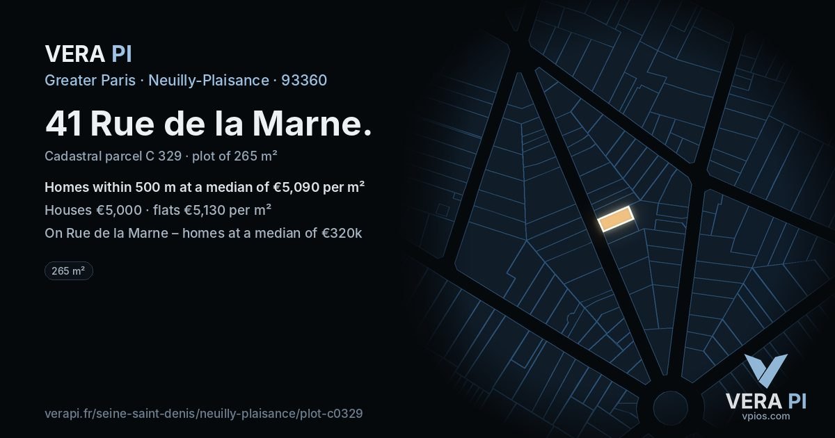 41 Rue de la Marne, Neuilly-Plaisance at night – the plot lit, the parcels around coloured by the prices near them