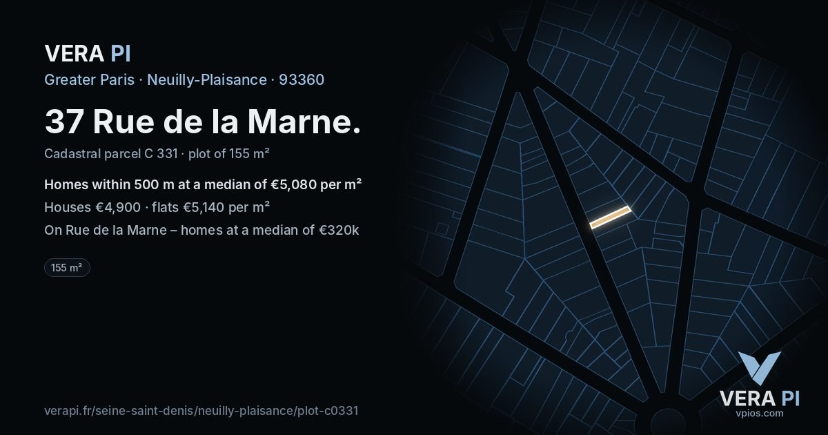 37 Rue de la Marne, Neuilly-Plaisance at night – the plot lit, the parcels around coloured by the prices near them
