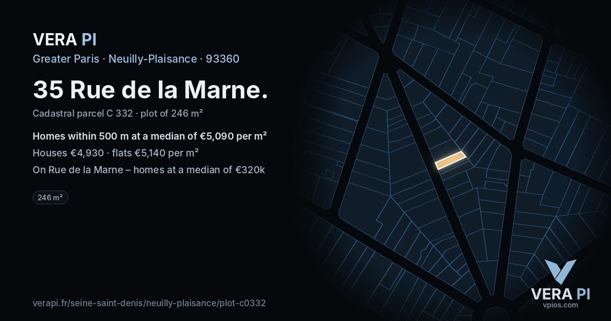 35 Rue de la Marne, Neuilly-Plaisance at night – the plot lit, the parcels around coloured by the prices near them