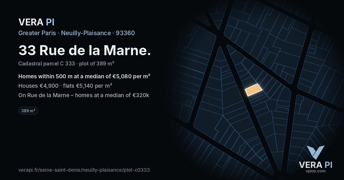 33 Rue de la Marne, Neuilly-Plaisance at night – the plot lit, the parcels around coloured by the prices near them
