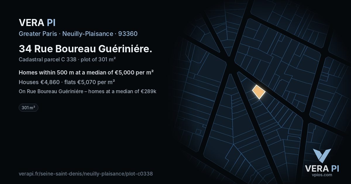 34 Rue Boureau Guériniére, Neuilly-Plaisance at night – the plot lit, the parcels around coloured by the prices near them