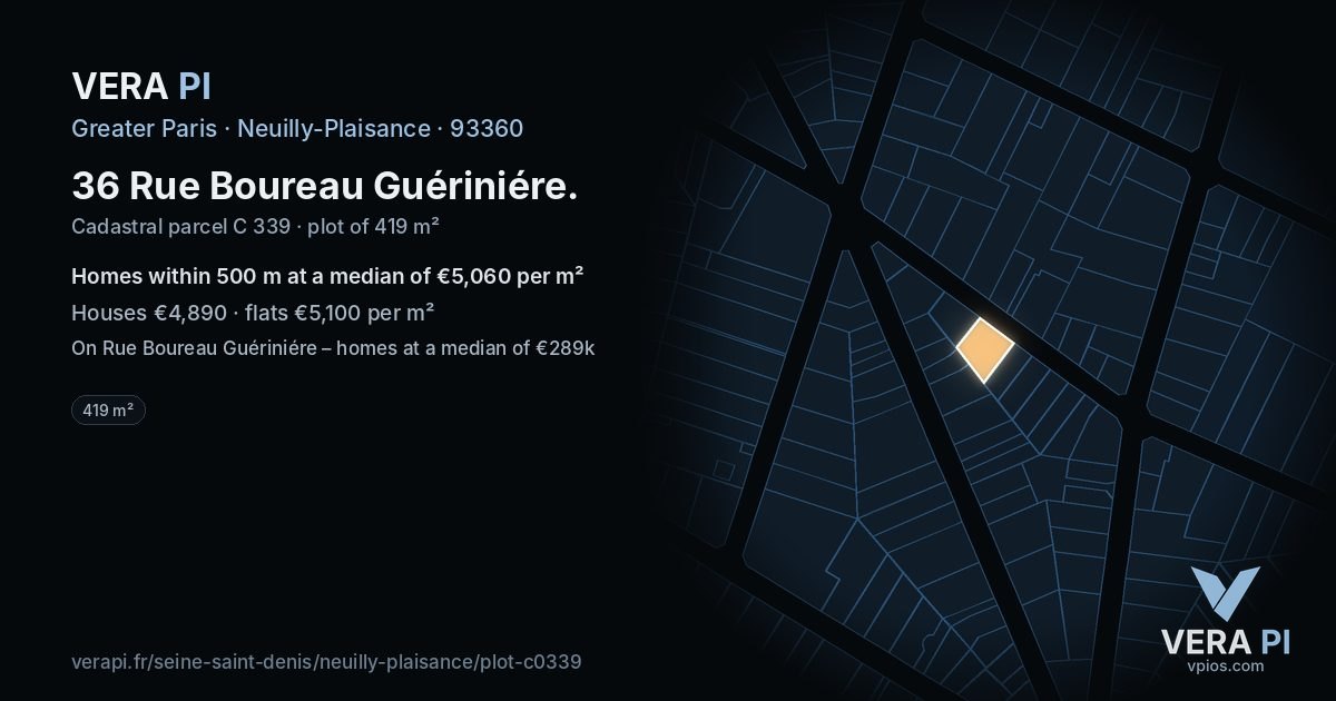 36 Rue Boureau Guériniére, Neuilly-Plaisance at night – the plot lit, the parcels around coloured by the prices near them