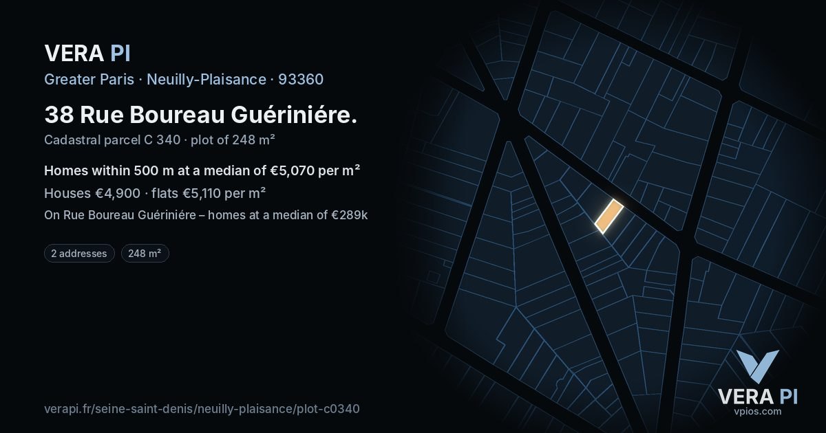 38 Rue Boureau Guériniére, Neuilly-Plaisance at night – the plot lit, the parcels around coloured by the prices near them