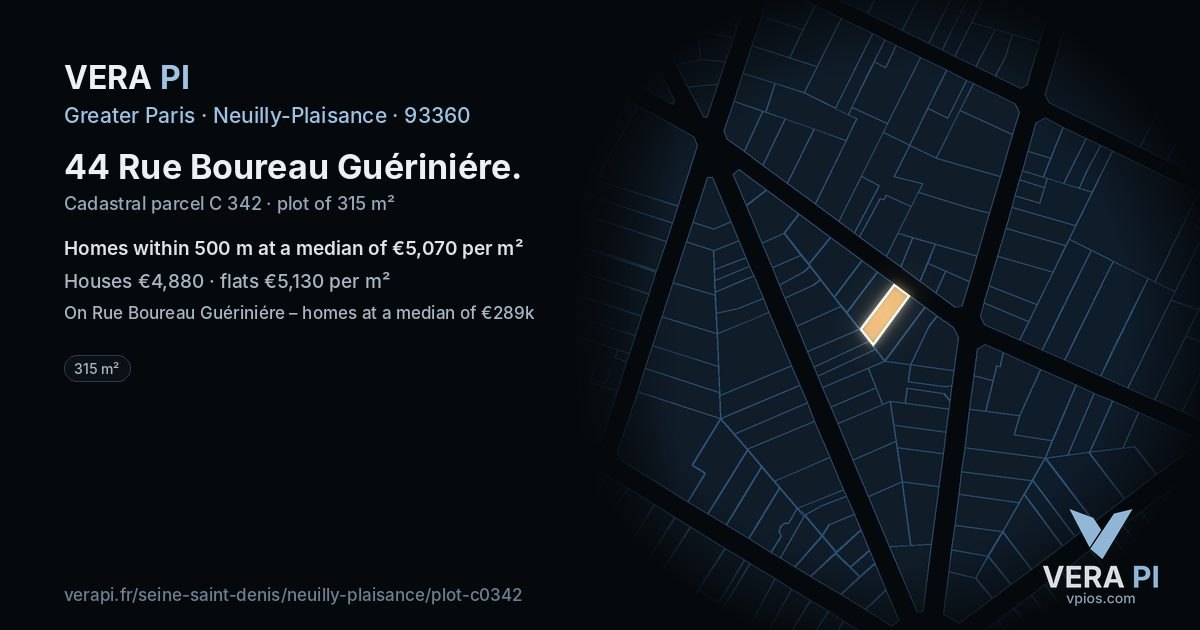 44 Rue Boureau Guériniére, Neuilly-Plaisance at night – the plot lit, the parcels around coloured by the prices near them