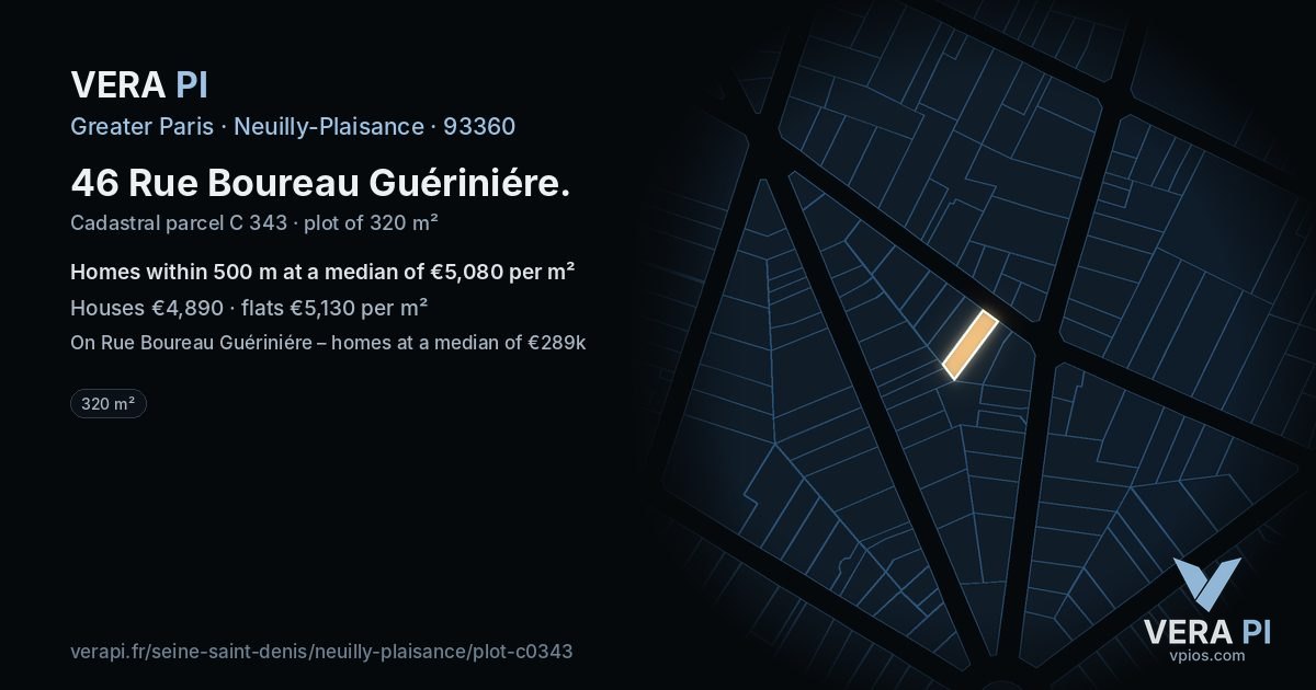 46 Rue Boureau Guériniére, Neuilly-Plaisance at night – the plot lit, the parcels around coloured by the prices near them
