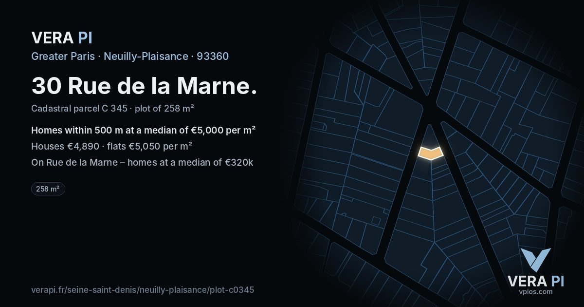 30 Rue de la Marne, Neuilly-Plaisance at night – the plot lit, the parcels around coloured by the prices near them