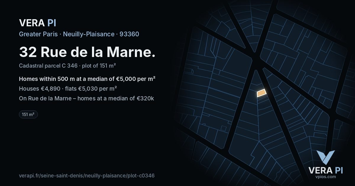 32 Rue de la Marne, Neuilly-Plaisance at night – the plot lit, the parcels around coloured by the prices near them
