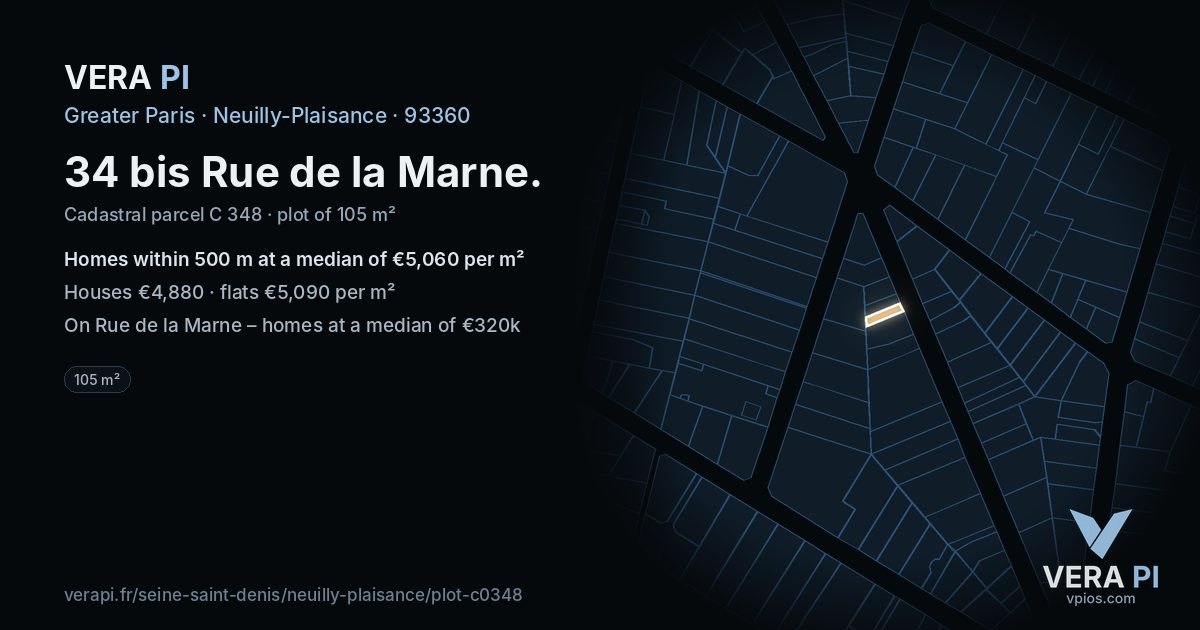34 bis Rue de la Marne, Neuilly-Plaisance at night – the plot lit, the parcels around coloured by the prices near them
