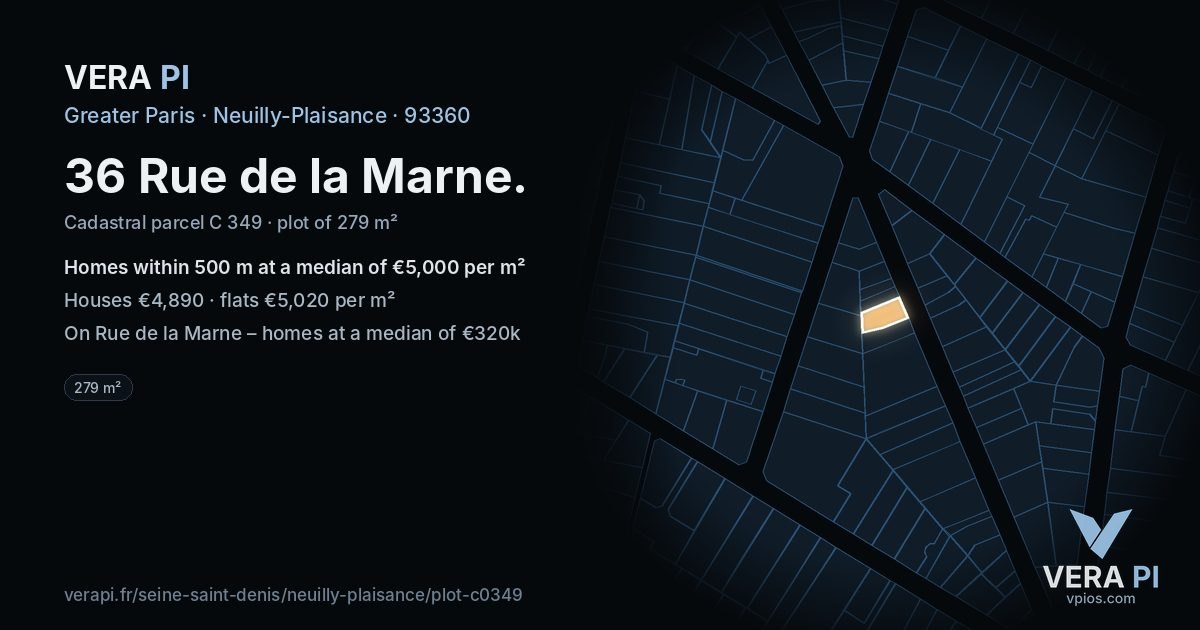 36 Rue de la Marne, Neuilly-Plaisance at night – the plot lit, the parcels around coloured by the prices near them