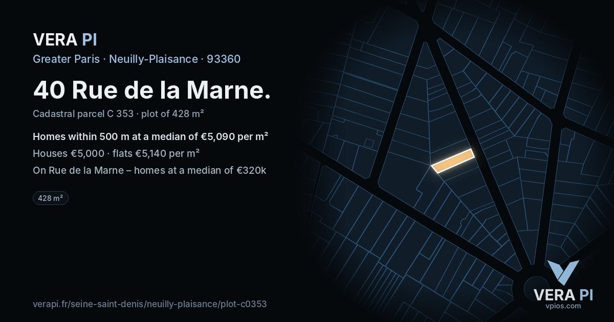 40 Rue de la Marne, Neuilly-Plaisance at night – the plot lit, the parcels around coloured by the prices near them
