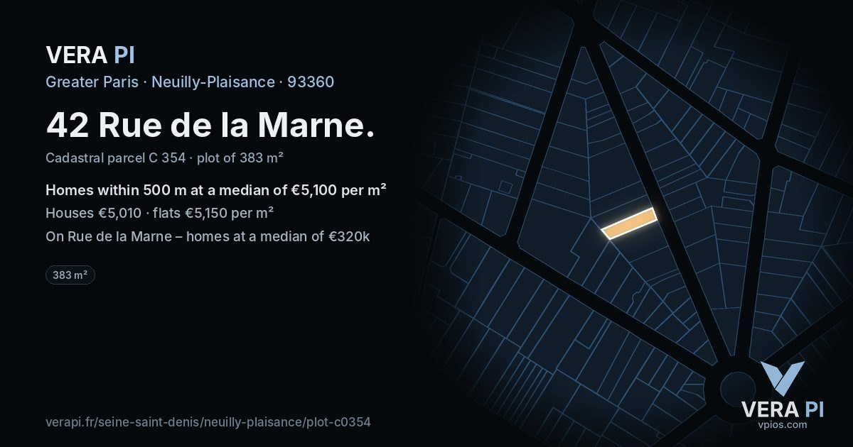 42 Rue de la Marne, Neuilly-Plaisance at night – the plot lit, the parcels around coloured by the prices near them