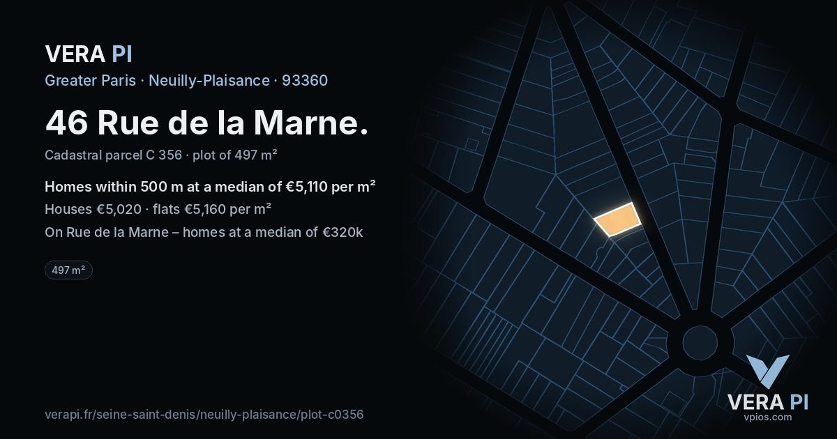 46 Rue de la Marne, Neuilly-Plaisance at night – the plot lit, the parcels around coloured by the prices near them