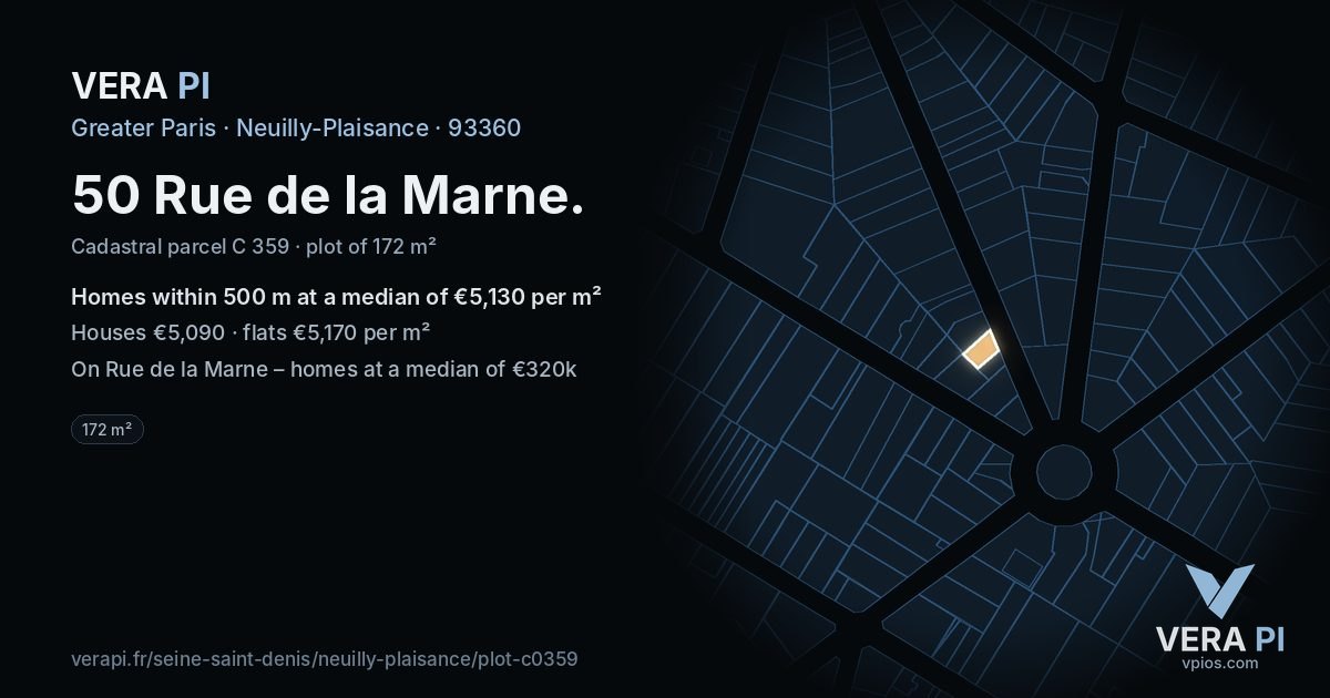 50 Rue de la Marne, Neuilly-Plaisance at night – the plot lit, the parcels around coloured by the prices near them