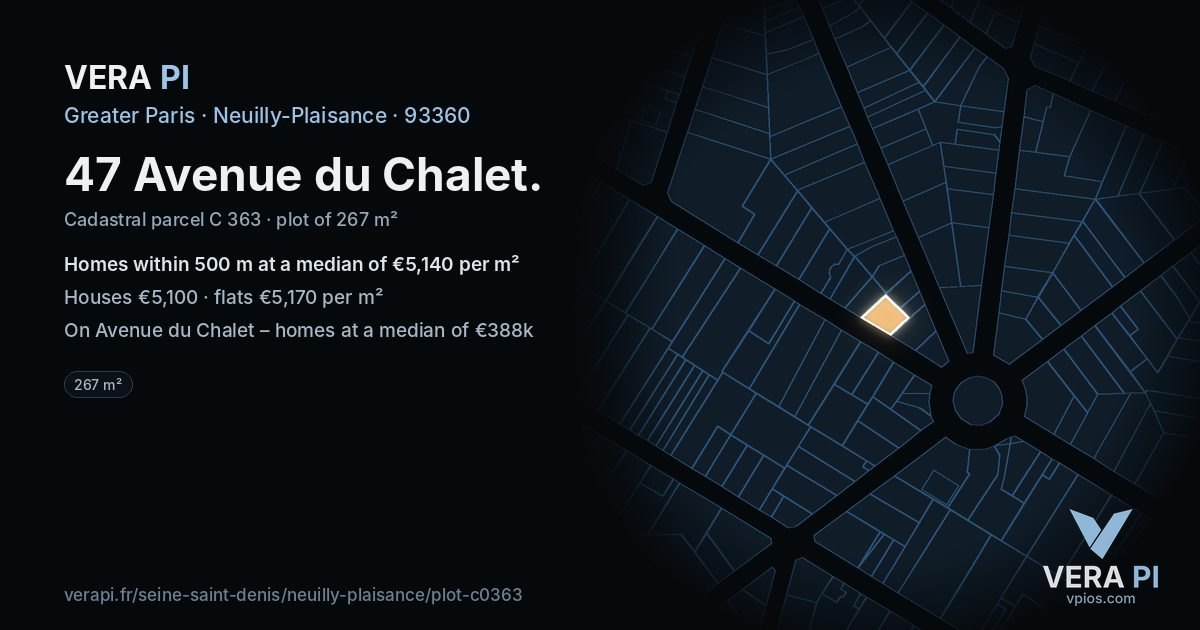 47 Avenue du Chalet, Neuilly-Plaisance at night – the plot lit, the parcels around coloured by the prices near them