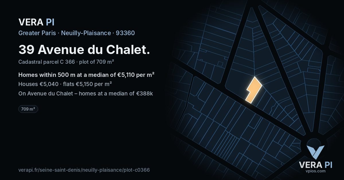 39 Avenue du Chalet, Neuilly-Plaisance at night – the plot lit, the parcels around coloured by the prices near them