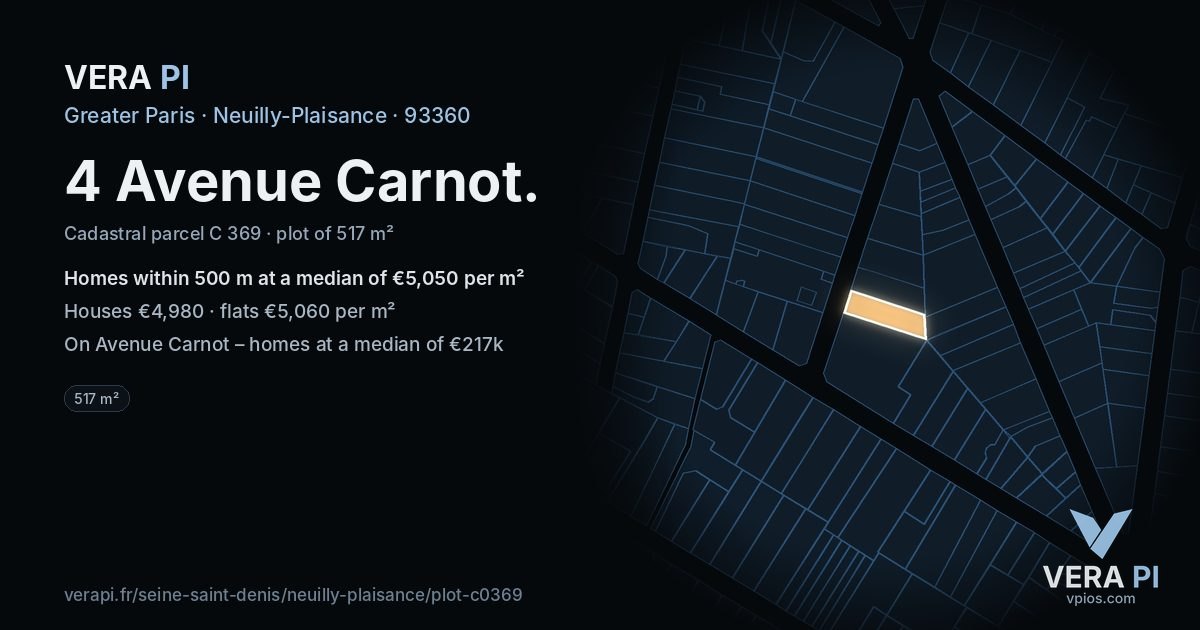 4 Avenue Carnot, Neuilly-Plaisance at night – the plot lit, the parcels around coloured by the prices near them