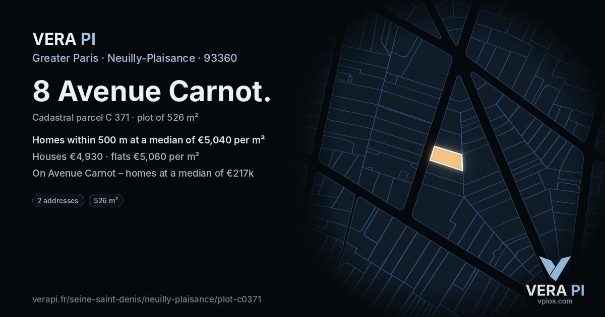 8 Avenue Carnot, Neuilly-Plaisance at night – the plot lit, the parcels around coloured by the prices near them