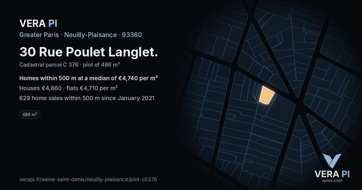30 Rue Poulet Langlet, Neuilly-Plaisance at night – the plot lit, the parcels around coloured by the prices near them