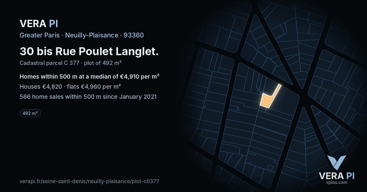 30 bis Rue Poulet Langlet, Neuilly-Plaisance at night – the plot lit, the parcels around coloured by the prices near them