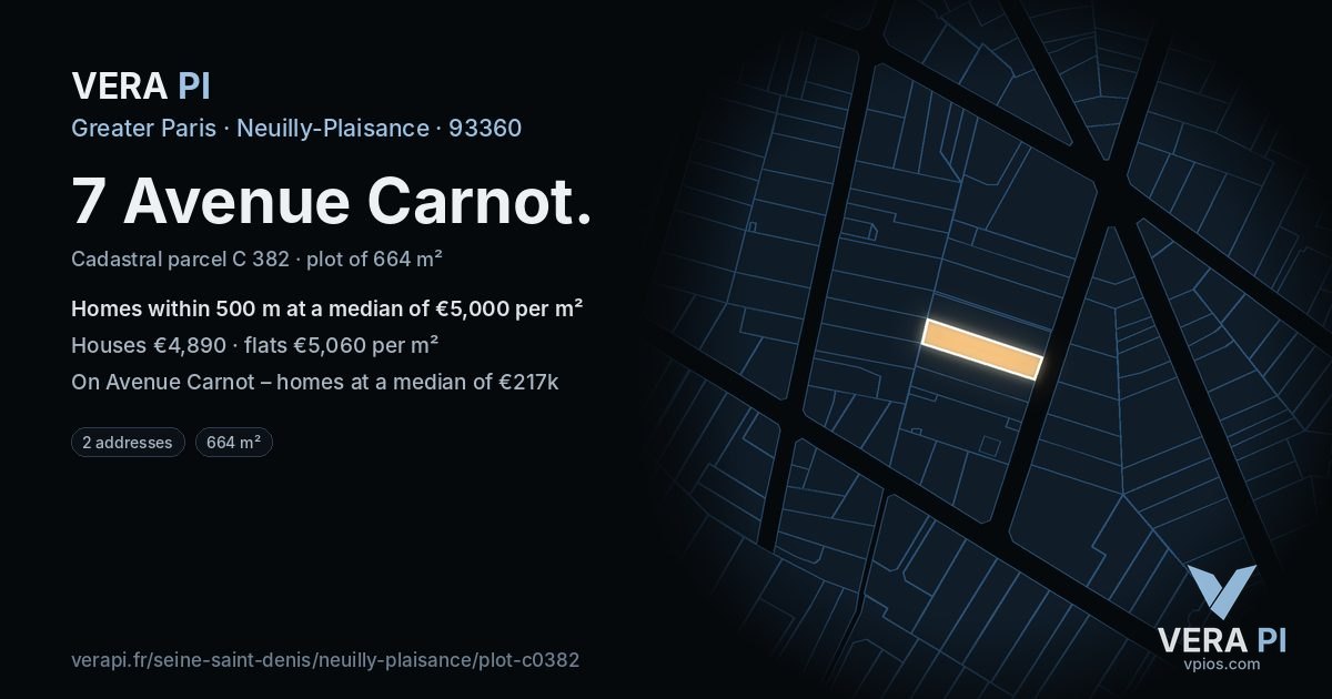7 Avenue Carnot, Neuilly-Plaisance at night – the plot lit, the parcels around coloured by the prices near them