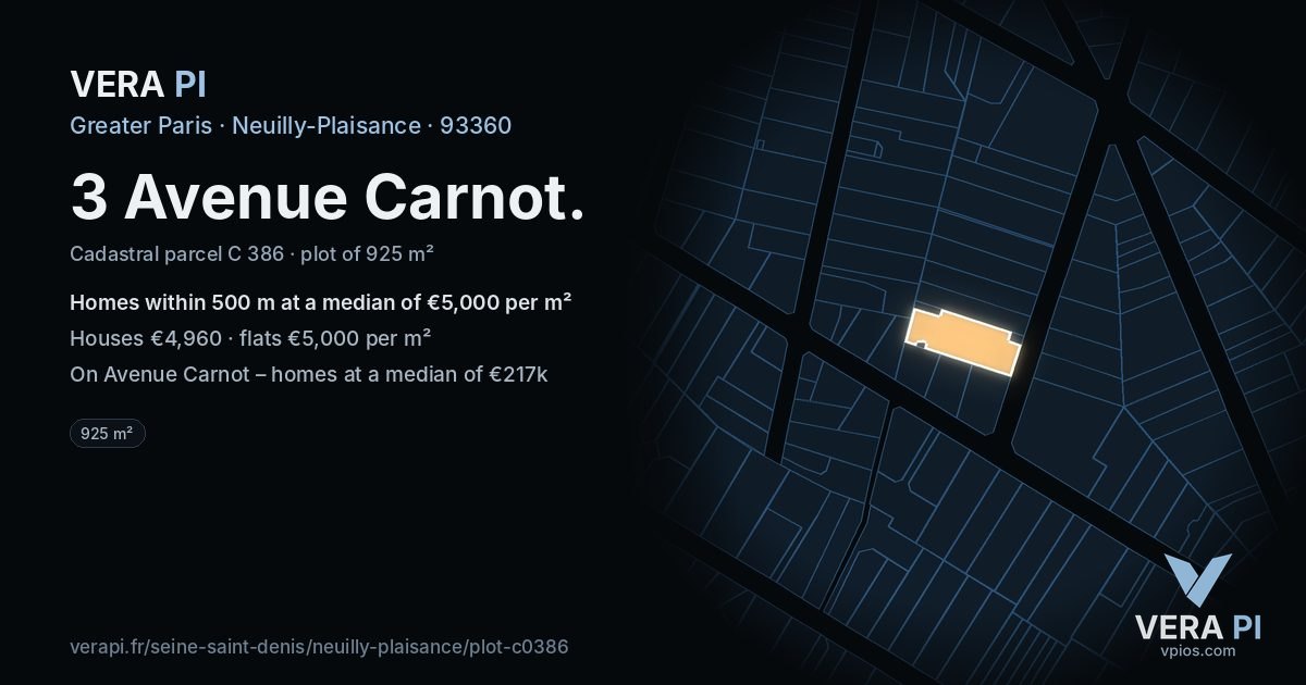 3 Avenue Carnot, Neuilly-Plaisance at night – the plot lit, the parcels around coloured by the prices near them