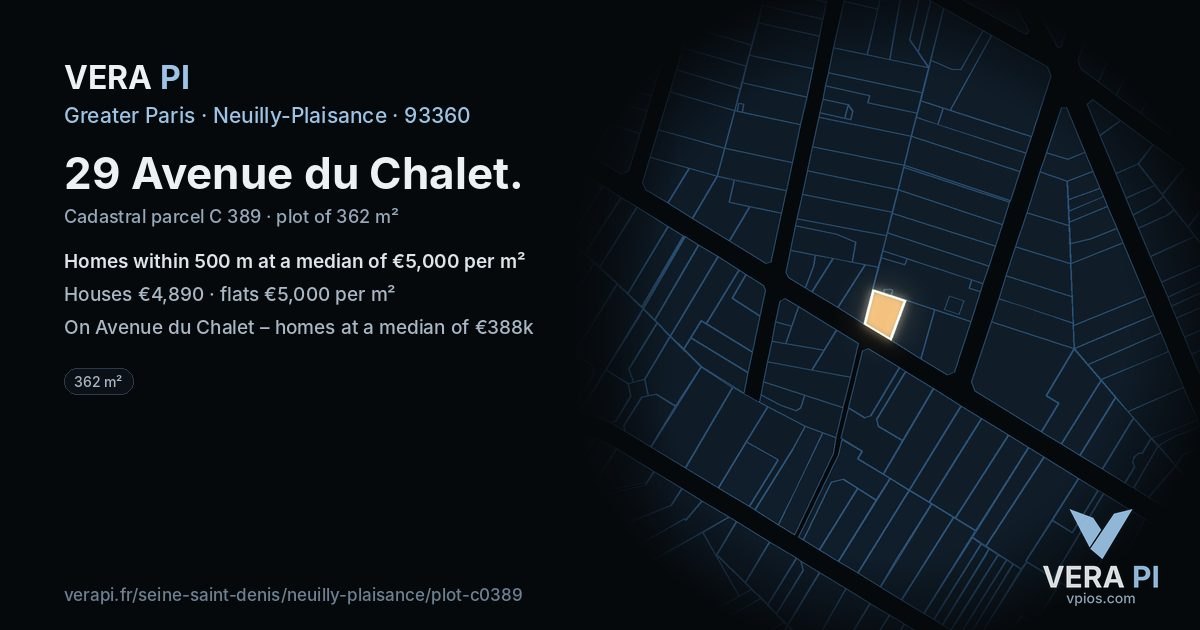 29 Avenue du Chalet, Neuilly-Plaisance at night – the plot lit, the parcels around coloured by the prices near them