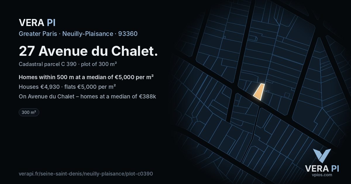27 Avenue du Chalet, Neuilly-Plaisance at night – the plot lit, the parcels around coloured by the prices near them