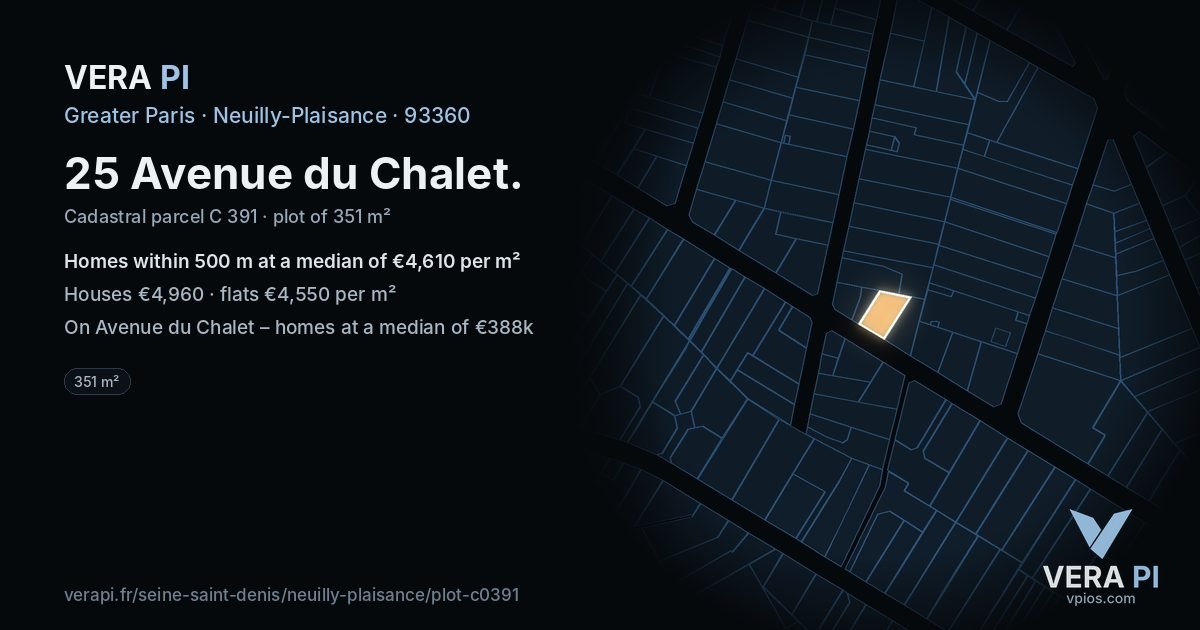 25 Avenue du Chalet, Neuilly-Plaisance at night – the plot lit, the parcels around coloured by the prices near them