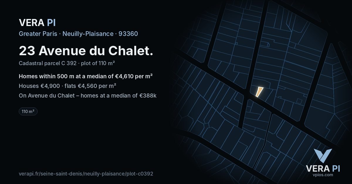 23 Avenue du Chalet, Neuilly-Plaisance at night – the plot lit, the parcels around coloured by the prices near them