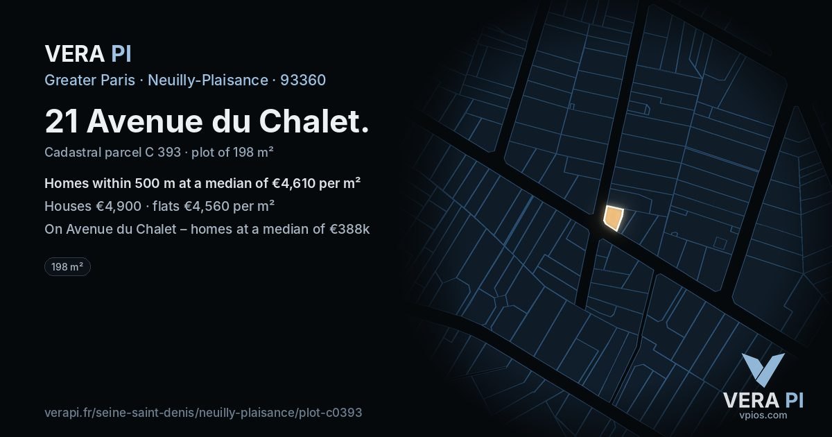 21 Avenue du Chalet, Neuilly-Plaisance at night – the plot lit, the parcels around coloured by the prices near them