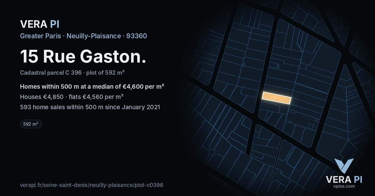 15 Rue Gaston, Neuilly-Plaisance at night – the plot lit, the parcels around coloured by the prices near them