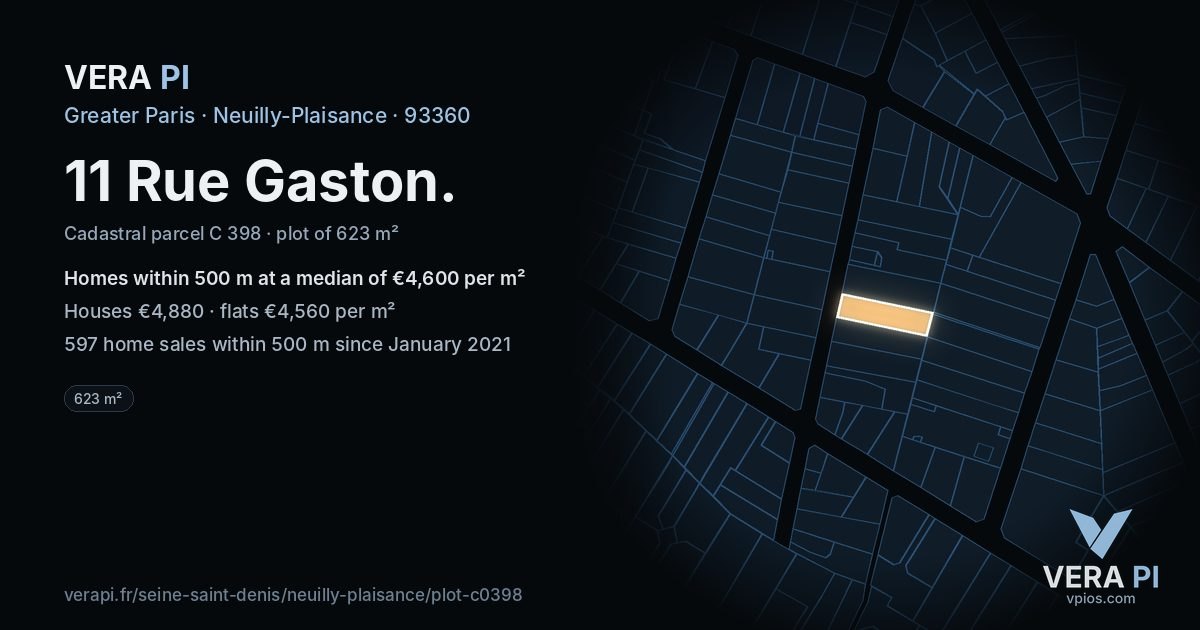 11 Rue Gaston, Neuilly-Plaisance at night – the plot lit, the parcels around coloured by the prices near them