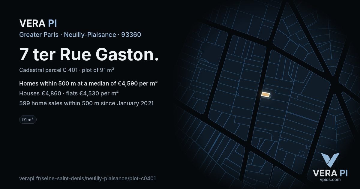 7 ter Rue Gaston, Neuilly-Plaisance at night – the plot lit, the parcels around coloured by the prices near them