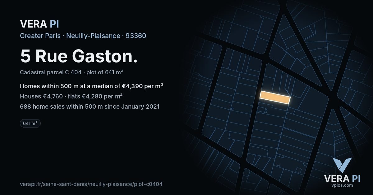 5 Rue Gaston, Neuilly-Plaisance at night – the plot lit, the parcels around coloured by the prices near them