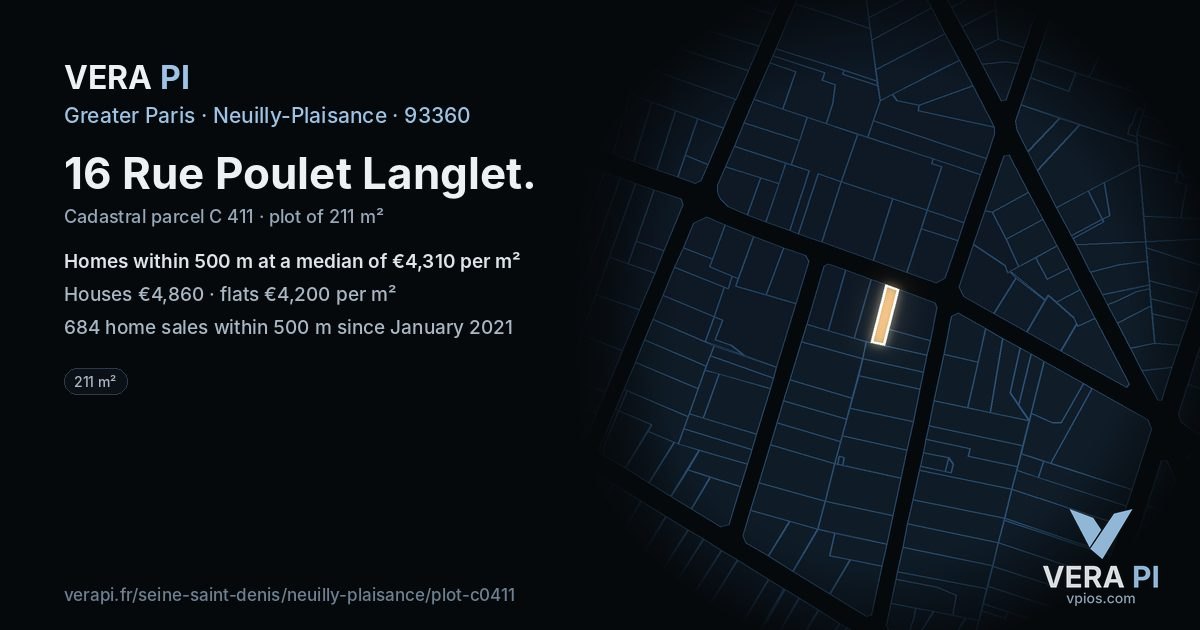 16 Rue Poulet Langlet, Neuilly-Plaisance at night – the plot lit, the parcels around coloured by the prices near them