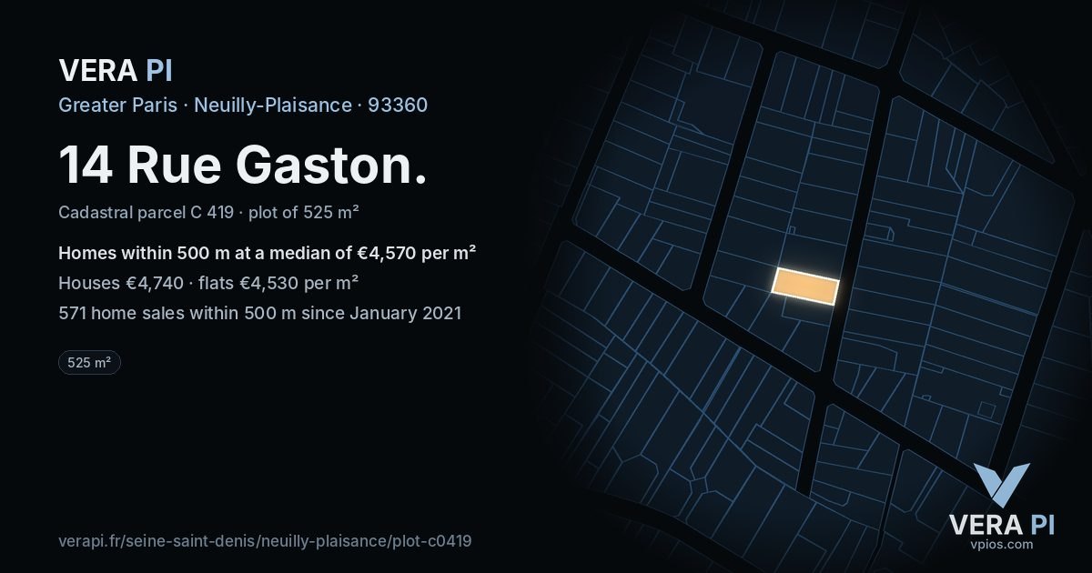 14 Rue Gaston, Neuilly-Plaisance at night – the plot lit, the parcels around coloured by the prices near them