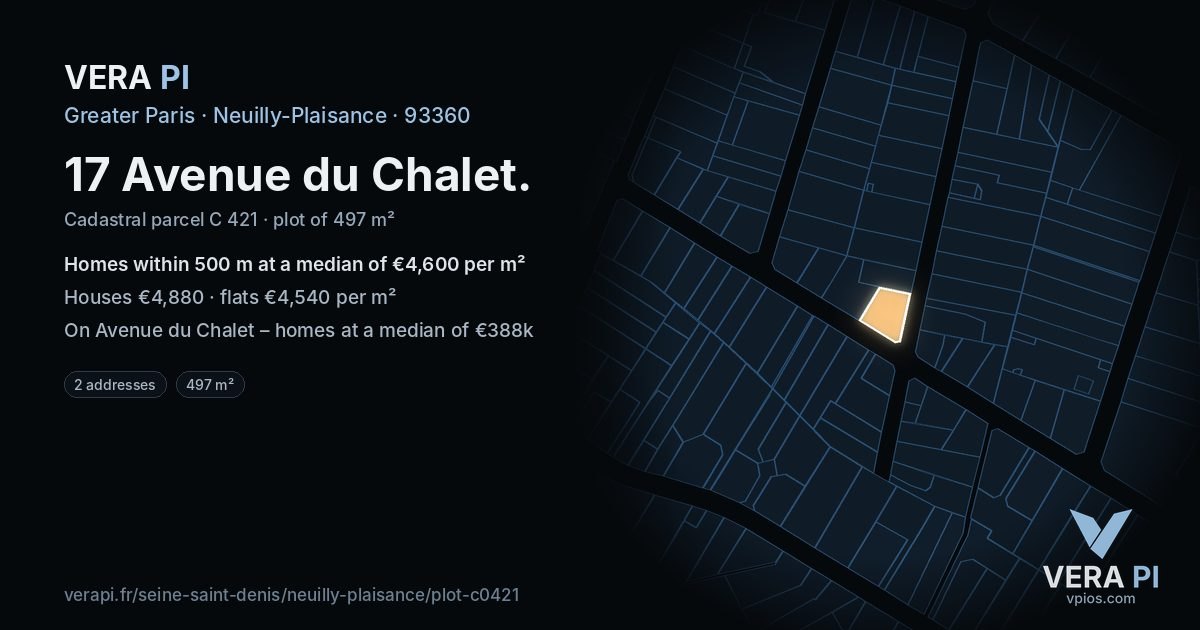 17 Avenue du Chalet, Neuilly-Plaisance at night – the plot lit, the parcels around coloured by the prices near them
