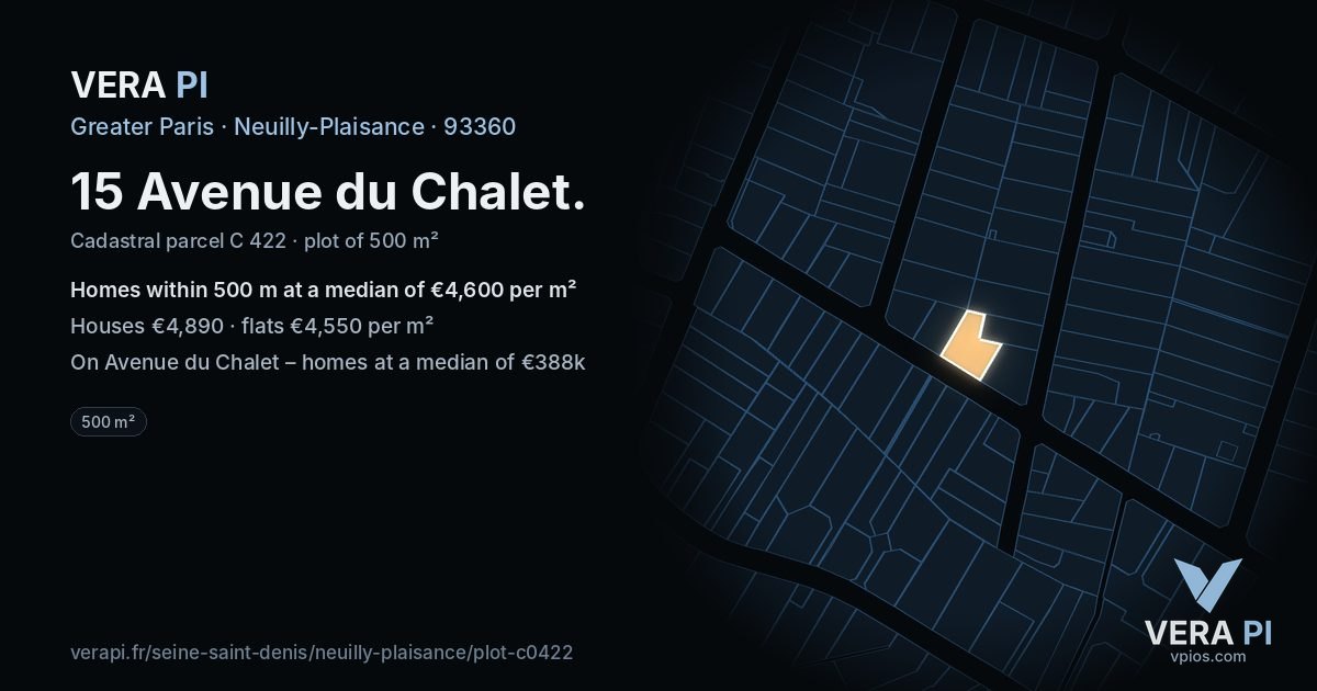 15 Avenue du Chalet, Neuilly-Plaisance at night – the plot lit, the parcels around coloured by the prices near them