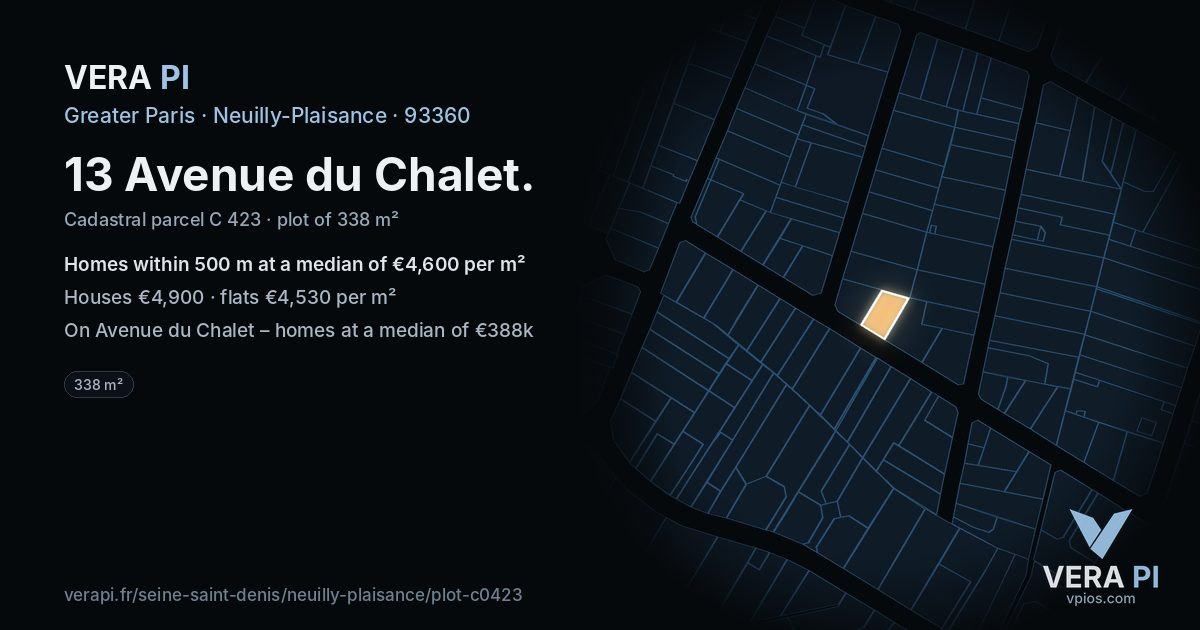 13 Avenue du Chalet, Neuilly-Plaisance at night – the plot lit, the parcels around coloured by the prices near them