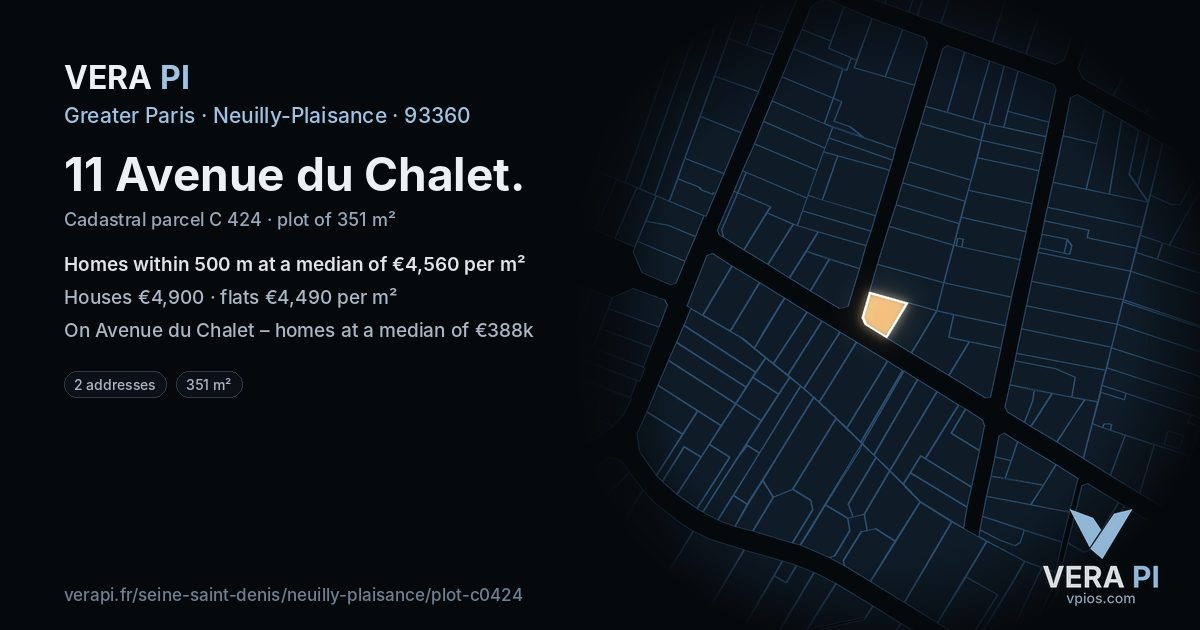 11 Avenue du Chalet, Neuilly-Plaisance at night – the plot lit, the parcels around coloured by the prices near them