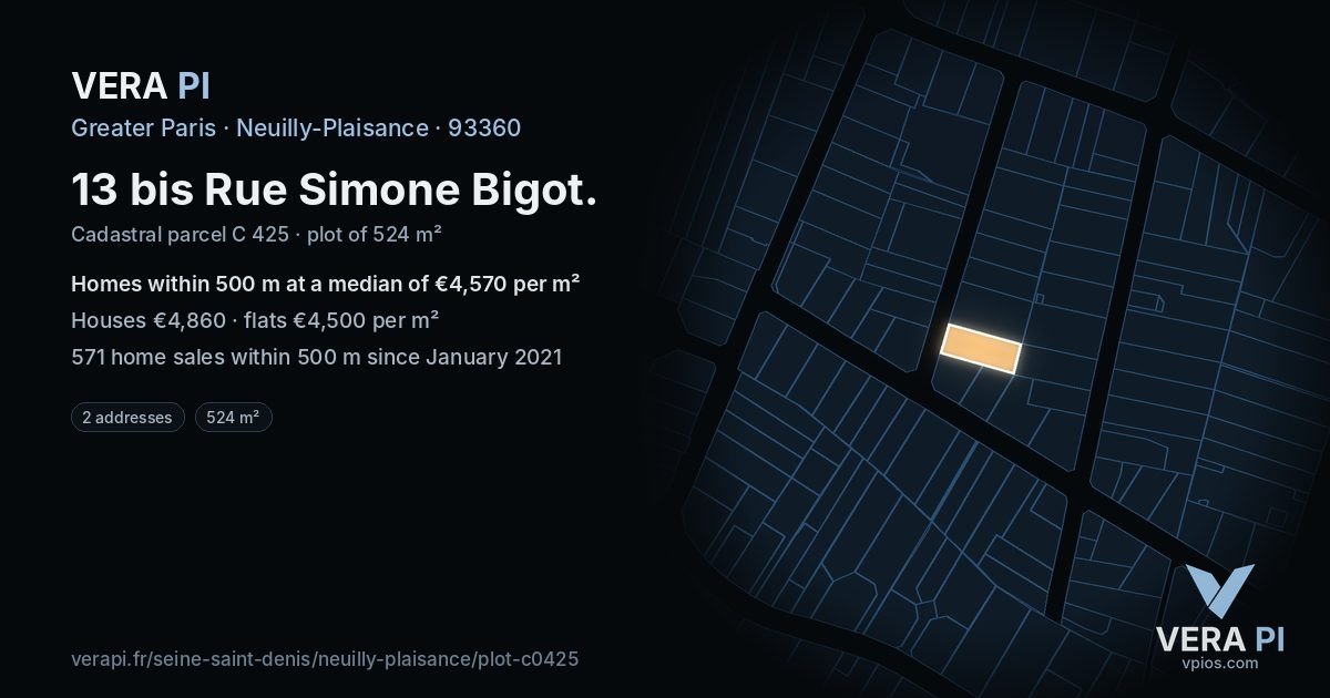 13 bis Rue Simone Bigot, Neuilly-Plaisance at night – the plot lit, the parcels around coloured by the prices near them