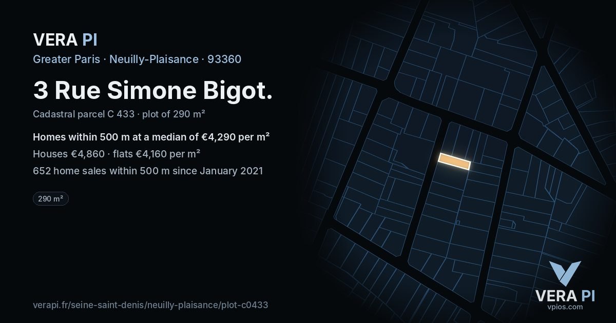 3 Rue Simone Bigot, Neuilly-Plaisance at night – the plot lit, the parcels around coloured by the prices near them