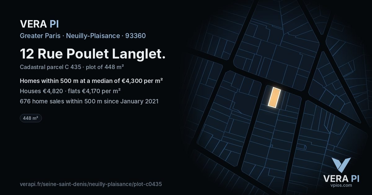 12 Rue Poulet Langlet, Neuilly-Plaisance at night – the plot lit, the parcels around coloured by the prices near them