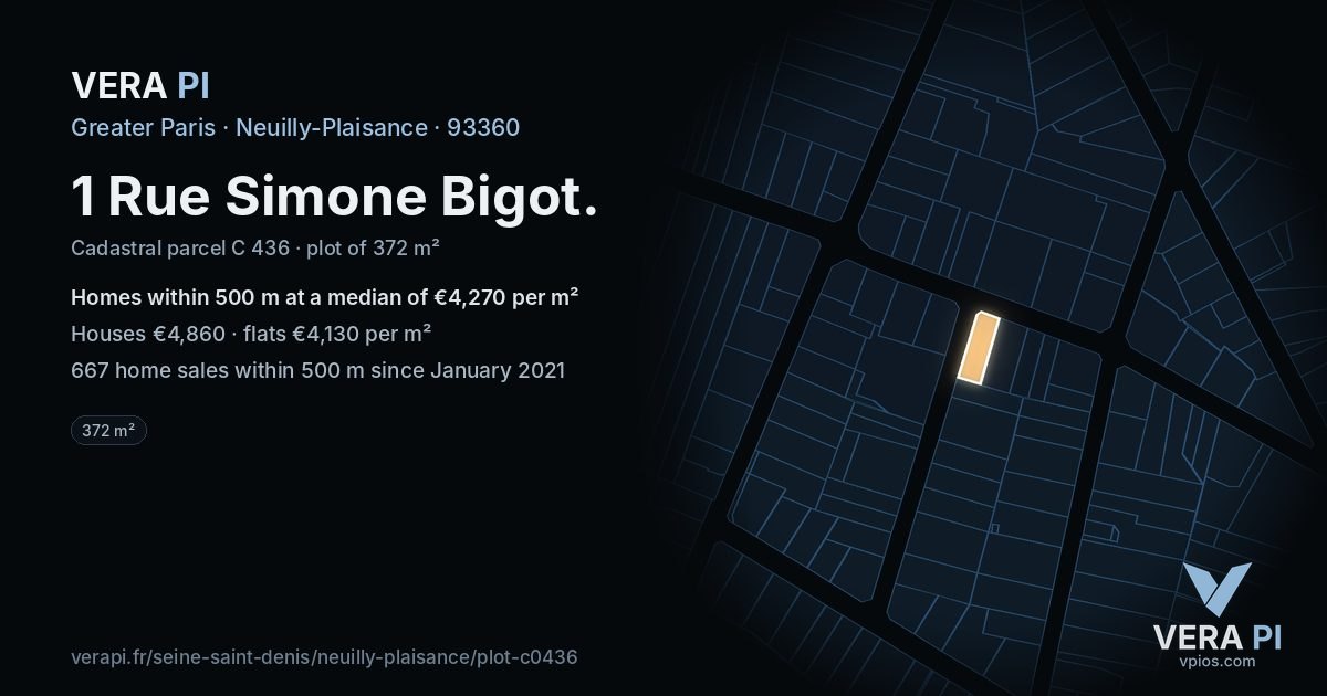 1 Rue Simone Bigot, Neuilly-Plaisance at night – the plot lit, the parcels around coloured by the prices near them