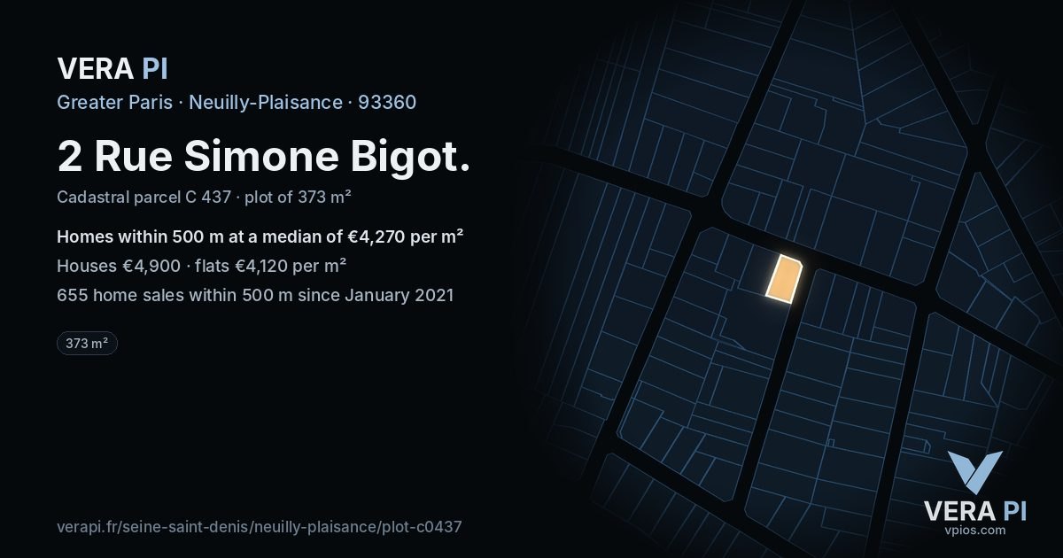 2 Rue Simone Bigot, Neuilly-Plaisance at night – the plot lit, the parcels around coloured by the prices near them