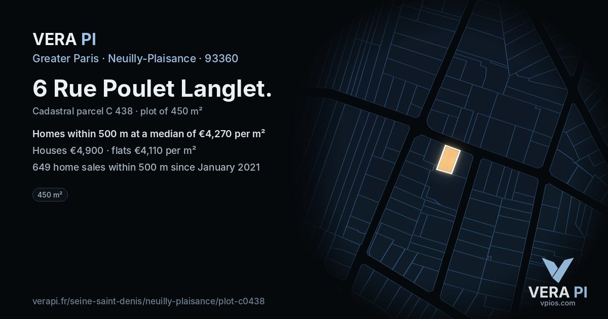 6 Rue Poulet Langlet, Neuilly-Plaisance at night – the plot lit, the parcels around coloured by the prices near them